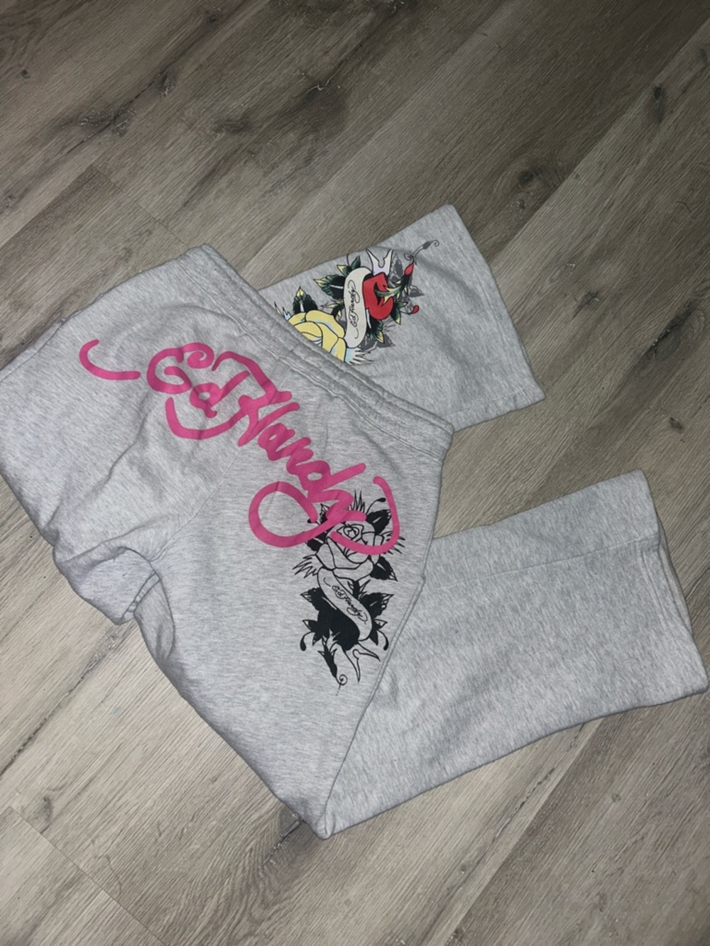 Ed Hardy Gray Sweatpants with Pink Script Logo & Tattoo Motifs